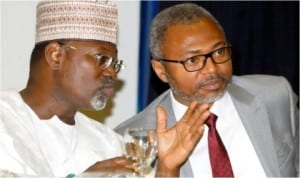 INEC Chairman, Prof. Attahiru Jega (left), with Director-General, National Broadcasting Commission, Mr Emeka Mbah, at the NBC/INEC Forum on Media coverage of 2015 general elections in Abuja, yesterday