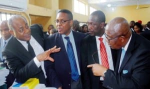 Members, Governorship Election Petitions Tribunal from left: Senior Advocates of Nigeria, Mr Onyechi Ikpeazu, Mr Ken Mozie, Mr Hassan Liman and Mr Adegboyega Awomolo, during the tribunal's sitting in Awka, yesterday. Photo: NAN