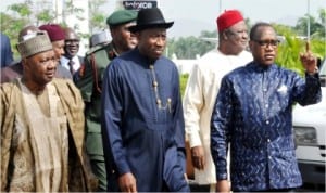 L-R:Vice President Namadi Sambo, President Goodluck Jonathan and Minister of Industry, Trade and Investment, Mr Olusegun Aganga, at the launching of Nigerian Industrial Revolution in Abuja, yesterday 