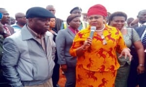 Governor Emmanuel Uduaghan of Delta State (left), and former Minister of Aviation, Princess Stella Oduah, at the foundation laying for a Perishable Cargo Terminal in Asaba last Tuesday. Photo: NAN