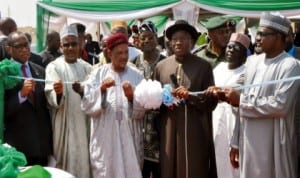 L-R: Minister of Industry, Trade and Investment, Mr Olusegun Aganga, Minister of FCT, Sen. Bala Mohammed, former Governor Of Yobe State, Sen. Bukar Abba Ibrahim, President Goodluck Jonathan, Managing Director, Suntrust Investment Ltd, Alhaji Mohammed Jibril and Minister of Steel and Solid Minerals Development, Mr Musa Sada, at the inauguration of FMBN Aviation Village in Abuja last Thursday. Photo: NAN