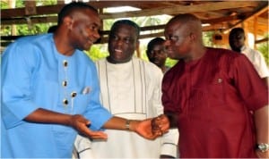 L-R: Senator Magnus Abe, Senator Wilson Ake and Rivers Commissioner for Works, Victor Giadom, chatting during a function at Erema in Ogba/Egbema/Ndoni LGA of Rivers State, recently.