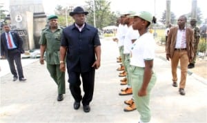 Rivers State Deputy Governor, Engr Tele Ikuru, inspecting a guard of honour mounted by 2014 Batch A corps members at Isaac Boro Park, Port Harcourt, yesterday.