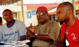 L-R: Public Relations Officer, Awgu People's Assembly (Apa), Mr Okolo Onyekachi, Chairman, Apa Enlightenment Committee, Ichie Chidozie Okeke and Youth Leader, Mr Jude Okechukwu, at a news conference on zoning of Enugu-West Senatorial Seat in Enugu State, recently.