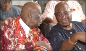 Chairman, Rivers State Council of Traditional Rulers, HRM, King GNK Gininwa (left) listening to Onwa of Ndoni, Chief Victor Odili (right) during the Thanksgiving Service in honour of Senator Magnus Abe at St. Bath’s Anglican Church, Bera, Gokana LGA of Rivers State, last Saturday. Photo: Chris Monyanaga