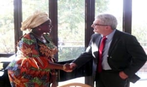 Acting Minister of Foreign Affairs, Prof. Viola Onwuliri (left)  and Minister of Foreign Affairs of Denmark, Holger Nielsen, at a meeting in Addis Ababa during the 22nd  ordinary session of the African Union, recently.