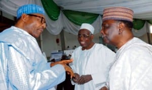 L-R: Former Head of State, General Muhammadu Buhari, former Arewa Consultative Forum (ACF) National Chairman, Alhaji Aliko Muhammed and former Head of State, General Yakubu Gowon, at the inauguration of new leadership of ACF  in Kaduna, yesterday.