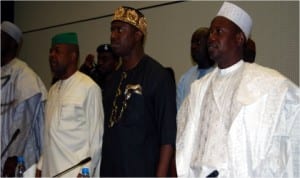 L-R: Deputy Speaker, House of Representatives, Hon Emeka Ihedioha, Chairman, House Committee on Petroleum (Downstream), Hon Dakuku Peterside and Deputy Chairman, House Committee on Petroleum (Downstream), Hon Yusuf Shittu Galambi at the investigative public hearing on supply, distribution, expenditure and subsidy on kerosene in Abuja, yesterday