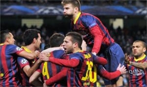 Barca players celebrating their victory against Manchester City, at Etihad Stadium, after the Champions League game,  yesterday