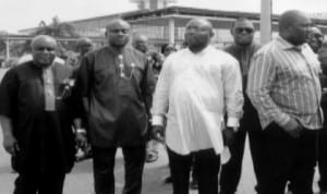 L-R: Elder Chidi Wiyioka, Chief of Staff, Government House, Rivers State, Sir Tony Okocha, Hon. Halin Uma and other dignitaries waiting for the arrival of former President  Olusegun Obasanjo at the  Port Harcourt International Airport, Omagwa last Monday. Photo: Prince Dele Obinna.