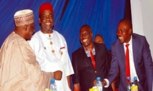 L-R: Minister of Special Duties, Alhaji Tanimu Turaki, Minister of Labour and Productivity, Chief Emeka Wogu, President, Trade Union Congress of Nigeria (TUC), Comrade Bobboi Kalgama  and Former TUC President, Comrade Peter Esele, at the launch of TUC Housing Development Scheme for civil servants in Abuja, recently. 