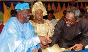 L-R: Vice-Chairman, All Progressives Congress (APC), Lagos State, Mr Abiodun Adeseye, representative of Senator Oluremi Tinubu, Mrs Anike Adekanye and Minority Leader, House of  Representatives, Rep. Femi Gbajabiamila, at the handover of N15 million solar-powered borehole  projects  executed by Rep. Gbajabiamila in Lagos last Monday.