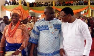 L-R: Mrs. Bariyaah Abe and her husband, Senator Magnus Abe in a chat with Rivers Commissioner for Budget and Economic Planning, Hon Levi Gogo Charles,  during a thanksgiving service in honour of Abe in Bera, Gokana LGA of Rivers State, recently.