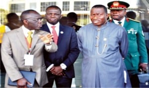 L-R: Nigeria’s Ambassador to Ethiopia, Amb. Paul Lolo, Minister of State 2 for Foreign Affairs, Dr Nurudeen Mohammed and President Goodluck Jonathan, at the 22nd Ordinary Session of the African Union in Addis Ababa, recently.