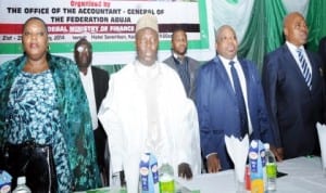 L-R: Permanent Secretary, Federal Ministry of Finance, Mrs Nwobia Daniel, Kaduna State Commissioner for Finance, Alhaji Samaila Aliyu,  Accountant General of the Federation, Mr Jona Otunla and President, James Kayode Consulting Company, Mr James Naiyeju, at the National  Treasury Retreat in Kaduna State recently.