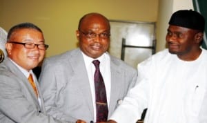 L-R: Representative of Japan International Cooperation Agency, Mr Tetsuo Seki, representative of the Minister of Education, Mr Michael Ofor and Director-General, National Teachers Institute, Dr Aminu Sharehu, at the Strengthening Mathematics and Scinece Education (SMASE) Sensitisation Forum in Abuja, recently.