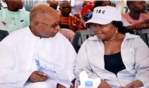 Chairman, Catholic Education Board, Port Harcourt Diocese, Rev Fr Joseph Kabari (left), chatting with the Principal, Holy Rosary College, Port Harcourt, during the school’s 2014 inter-house sports competition in Port Harcourt, last Saturday. Photo: Nwiueh Donatus Ken.