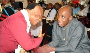 Rivers State Governor, Rt Hon Chibuike Amaechi (right), exchanging pleasantries with Primate and Moderator of the General Assembly of the Presbyterian Church of Nigeria, Most Rev. Emele Mba Uka,  during the induction service of resident ministers of Christ Church, Port Harcourt.