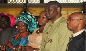 L-R:Rivers State Commissioner for Works, Mr Victor Giadom, Mrs Comfort Nwideeduh, Mrs Bariyaah Abe, Sen. Magnus Abe and Gbenemene Bangha 11 of Khana Local Government Area of Rivers State, King Suanu Baridam, during the thanksgiving/ graduation service of Mrs Abe at Chapel of the Annunciation Catholic Chaplaincy, University of Port Harcourt, yesterday