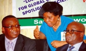 L-R: Director, Basic and Secondary Education, Mr Daniel Uwaezuoke,  Federal Ministry of Education, Prof. Chinyere Ohiri-Aniche, President, Linguistic Association of Nigeria and Dr Macjohn Nwaobiala, Permanent Secretary, Federal Ministry of Education, at the International Mother Language Day celebration in Abuja,  yesterday 