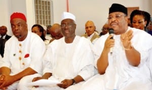 L-R: Minister of Labour and Productivity, Chief Emeka Nwogu, Chairman,Subsidy Reinvestment Empowerment Programme (SURE-P), Rtd Gen. Martin Agwai and Minister of Works, Mr Mike Onolememen, at the Budget defence session of Senate Special Adhoc Committee on SURE-P in Abuja, last Tuesday. Photo: NAN.