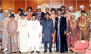 President Goodluck Jonathan (4th-right), Vice-President Namadi Sambo (4th left), with Bonny chiefs and elders, during their visit to the Presidential Villa, in Abuja last Monday 