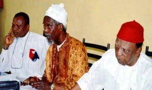 L-R: Members of Igbo Leaders of Thought, Rtd Adm. Ndubisi Kanu, Prof. Vincent Ike and Chairman, Prof. Ben Nwabueze, at a committee meeting in Enugu, recently. Photo: NAN