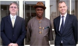 L-R: British Minister for Africa, Mr Mark Simmonds, Governor Chibuike Amaechi of Rivers State and British Deputy High Commissioner to Nigeria, Mr Peter Carter, during a courstey visit by the minister in Port Harcourt, yesterday 