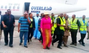 Managing Director, Federal Airports Authority Of Nigeria (FAAN), Mr George Uresi (2nd-left), former Aviation Minister, Princess Stella Oduah (middle) and other officials arriving the Calabar International Terminal on inspection visit, recently.