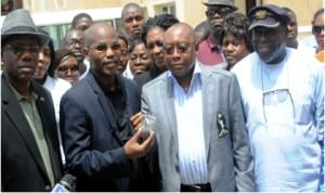 L-R:  Permanent Secretary, Lagos State Ministry of Housing, Mr Tunji Odunlami,  Executive Director, Lagos Home Ownership Mortgage Scheme,  Mr Bayowa Foresythe,  Commissioner for Housing,  Mr Bosun Jeje and Managing Director, Lagos State Property Development Corporation, Mr Biodun Oni,  at the handing over of Shitta Housing Estate, Surulere, by Lagos Ministry of Housing to Lagos Home Ownership Mortgage Scheme in Lagos yesterday.