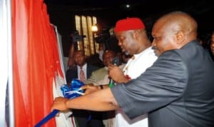 Minister of Labour and Productivity, Chief Emeka Wogu (middle), launching tuc housing development scheme for civil servants in Abuja recently. With him is President, Trade Union Congress of Nigeria (tuc), Comrade Bobboi Kalgama. Photo: NAN