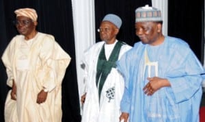 L-R: Former Head of Interim National Government, Chief Ernest Shonekan, former President, Alhaji Shehu Shagari and former Head of State, Gen. Yakubu Gowon, at the Centenary Conference in Abuja, yesterday.