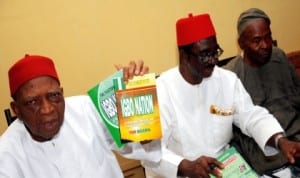 L-R: Book presenter, Prof. Ben Nwabueze, Prof. Elo Amucheazi and Senator Offiah Nwali, during the presentation of   books on  Igbo position to the National Conference in Enugu,  yesterday.