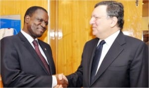 President, ECOWAS Commission, Mr Kadre Desire Ouedraogo (left), with the European Union President, Mr Josemanuel Barroso, at a working breakfast meeting in Abuja, yesterday 