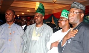 L-R:Governors Chibuike Amaechi of Rivers State, Ibikunle Amosu of Ogun State, Abiola Ajimobi of Oyo State and Kayode Fayemi of Ekiti State, during the first Progessives Governance Lecture in Ibadan, last Monday 