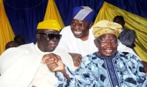 L-R: Chief Ayo Adebanjo, Mr Taiwo Alimi and former Governor of Lagos State, Alhaji Lateef Jakande at the Yoruba Assembly meeting on 2014 National Conference in Ibadan, last  Thursday.Photo: NAN