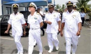 L-R:Flag Officer Commanding, Western Naval Command, Rear Adm. Sanmi Alade, Commander, Italian Maritime Frontline Force, Adm. Paolo Treu, Commander, Western Fleet, Cdre. Austin Owhorchuku and Commander, NNS Beercroft, Cdre. Emmanuel Uwadiae, at the arrival of Italian war ship to Nigeria at the Western Naval Command in Apapa, last Friday