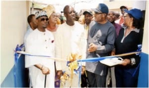 L-R: Paramount Ruler of Elekahia, Chief A. W. Akarolo JP, Deputy District Governor, Rtn Sam Mba, Rotary President, Rtn Chid Ikeji and Women Leader, Mrs Amadi during the commissioning of Water and Sanitation project at Rumuklagbor Market, Elekahia, last Saturday. Photo: Obinna Prince Dele.