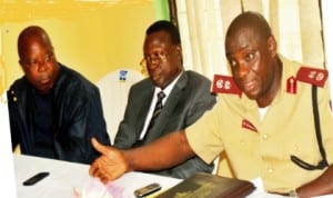 L-R: Second Trustee, National Union of Road Transport Workers,  Rivers State Branch, Mr Chukwudi Eluozo, Deputy State Chairman, Mr Ominiayebagha Kalango and Sector Commander, Federal Road Safety Corps, Rivers Sr  Sunday Oghenekaro, during a sensitization visit by the  Commander to nurtw office in Port Harcourt, recently. Photo: NAN 