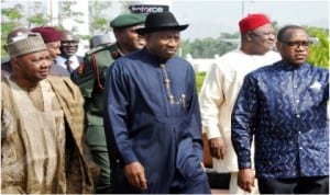 L-R: Vice President Namadi Sambo, President Goodluck Jonathan and Minister of Industry, Trade and Investment, Mr Olusegun Angaga, at the launching of Nigerian Industrial Revolution in Abuja, recently.