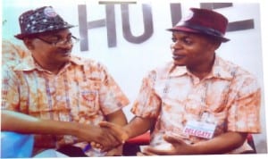 National Deputy President of NUPPPPROW, Comrade John O. Ushie congratulates the Vice President/Chairman South-South zone of NUPPPPROW Comrade Godwin  S. Williamson shortly after his election at the union’s 4th national quadrennial delegates conference held in Calabar, Cross River State, last Friday.