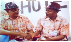 National Deputy President of NUPPPPROW, Comrade John O. Ushie congratulates the Vice President/Chairman South-South zone of NUPPPPROW Comrade Godwin S. Williamson shortly after his election at the union’s 4th national quadrennial delegates conference held in Calabar, Cross River State, last Friday.