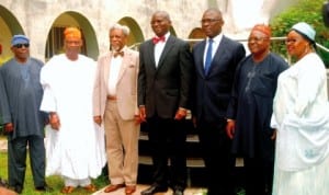 L-R: Lagos State representatives at the National Confab, Prof. Tunde Samuel, Prince Rabiu Oluwa, Chairman, Alhaji Femi Okunnu, Governor Babatunde Fashola of Lagos, Mr Supo Sasore (San), Mr Waheed Ayeni and Mrs Olufunmi Oshinowo-Bashorun, during their meeting with Governor Fashola in Lagos last Monday. Photo: NAN