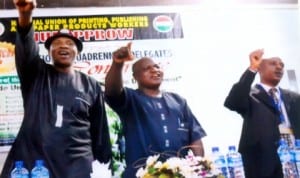 National President, Nigeria Labour Congress (NLC),Comrade Abdulwaheed Omar (middle) with National President of NUPPPPROW Comrade. Danjuma Papa Kunini (left) and representative of the Minister of Labour and Productivity, Mr, D, Monyei, during the 14th National Quadrennial Delegates Conference, recently. Photo: Nwiueh Donatus Ken
