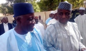 Former Secretary to Sokoto State Government, Alhaji Maigari Dingyadi (left), with Governor Aliyu  Wamakko, during an APC stakeholders meeting in Sokoto last Monday. 