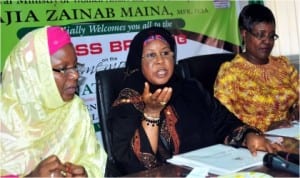 Permanent Secretary, Ministry of Women Affairs, Dr Habibu Lawal, the Minister, Hajiya Zainab Maina and the UN Women Representative in Nigeria, Dr Grace Ongile, at a news conference on the 2014 International Women's Day in Abuja, yesterday