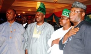 Governor Chibuike Rotimi Amaechi of Rivers State (left), with some APC governors, during a lecture in Ibadan recently.