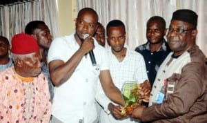 L-R: Group Leader, Oko Community in Anambra State, Nze Okolie; President, Oko Youth Movement, Mr Hilary Tochukwu; Secretary, Mr Ejindu Okoli and Rector, Federal Polytechnic, Oko, Prof. Godwin Onu, at the presentation of Award of Excellence to the Rector of the Polytechnic at Oko in Anambra State, last Monday Photo NAN