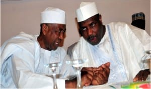Chairman,  Bulet International, Malam Sumaila Funtua (left), with  Speaker,  House of Representatives,  Alhaji Aminu Tambuwal,  at the  Peoples Media Limited Conference in Abuja, yesterday