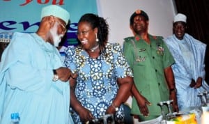 L-R: Chairman of the occasion, Gen. Abdulsalami Abubakar, representative of the governor of Rivers State, Mrs Ibim Semenitari, representative of Chief of Army Staff, Brig.-Gen. Olajide Lalaye and Chairman, Board of Peoples Media Limited, Malam Wada Maida, at the Peoples Media Limited conference in Abuja, last Thursday. Photo: NAN.